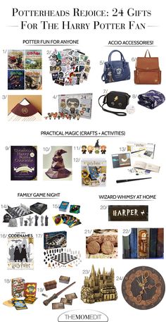 the harry potter gift guide is shown in this graphic style, and includes items that include hogwart's house