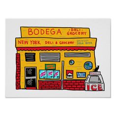 a drawing of a new york deli and grocery store with the name bodega on it