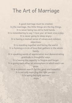 the art of marriage poem written in black and white on a gray background with text