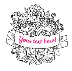 a bouquet of flowers with a ribbon and the words you text here in pink ink