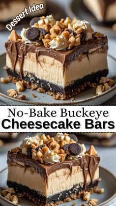 No-Bake Buckeye Cheesecake Bars Easy Thanksgiving Desserts Chocolate, Easy Chocolate Peanut Butter Cheesecake, No Back Desserts Easy, Bakers Square Peanut Butter Pie Recipe, Thanksgiving Dessert Ideas Chocolate, Super Easy No Bake Desserts, Reese Dessert Recipes Easy, Easy Desserts For Work, Thanksgiving Dessert Party