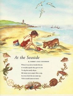 an illustration of a child playing on the beach with seagulls and other animals