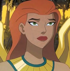 an animated woman with red hair and green eyes