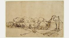 a drawing of a house in the distance with trees on either side and bushes to the right