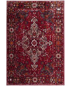 a red rug with an ornate design on the middle and bottom, in different colors