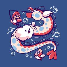 an image of a cartoon character floating in the air with bubbles and fish around it