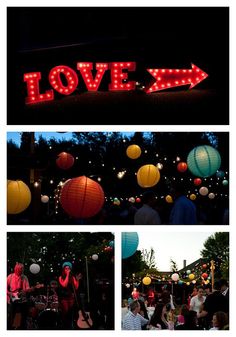 people are gathered around with paper lanterns in the shape of love