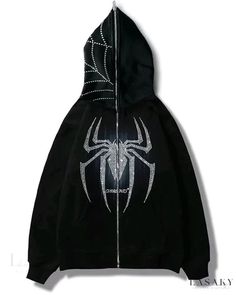 Lasaky - Exquisite Spider Rhinestone Pattern Hooded Sweatshirt with Zipper Closure Spiderman Hoodie, Streetwear Couple, Grunge Sweatshirt, Punk Hoodie, Rhinestone Spider, Bleach Hoodie, Spider Pattern, Rhinestone Hoodie, Harajuku Punk