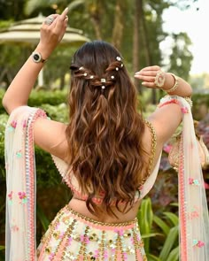 hairstyle for lehenga Mehendi Hairstyles Bridesmaid, Indian Bridesmaids Hairstyles, Summer Wedding Bridesmaid Hair, Indian Wedding Hairstyles For Long Hair Bridesmaids, Haldi Hairstyles For Bridesmaid, Hairstyles For Bridesmaids Indian, Sangeet Hairstyles Bridesmaid Hair, Bridesmaid Hairstyles Indian Wedding, Sangeet Hairstyles