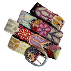 This beautiful belt is made of handwoven wool and is hand-embroidered with a beautiful floral pattern. It's a super fun accessory for jeans or pants. Each belt has 5 sets of holes spaced 2" apart so they are versatile; you can wear the same belt on your waist or hips. They also stretch slightly, like a pair of jeans, and will conform to your body after a few days of wear. Jenny Krauss collaborates with rural artisans in Peru to sustain their magnificent visual culture by building a marketplace f Sand Cloud Beach Towels, Beach Towel Gift, Sand Cloud, Embroidered Belt, Beautiful Belts, Embroidered Wool, Natural Fibers, Ink Tattoo, Fashion Boutique