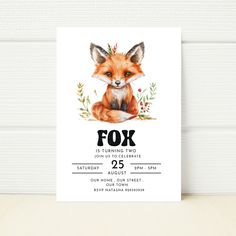 a birthday card with the words, fox is turning two and has an image of a baby