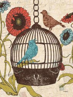 a bird in a cage with flowers on it