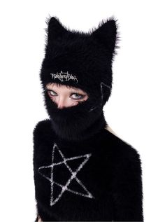 Edgy black balaclava with exaggerated cat ear shaping. Made from soft, fuzzy fabric for a plush texture. Features eye cutouts and a silver embroidered brand logo in a metal-inspired font. Combines punk aesthetics with playful feline elements. Ideal for alternative fashion, cold weather, or as a statement accessory. Material Info100% nylon Model info Height: 160cm Weight: 43kg Wearing size: F Black Balaclava, Black Cat Ears, Punk Aesthetics, Plush Hat, Arcana Archive, Black F, Cat Hoodie, Cat Ear, Cat Hat