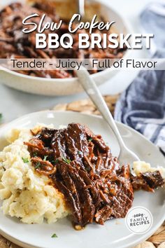 slow cooker bbq brisket on a plate with mashed potatoes