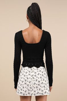 It's bound to be a good day for compliments whenever you style the Lulus Lucky Cutie Black Crochet Long Sleeve Sweater Top! Lightweight open crochet shapes this effortlessly cute sweater top with a flattering square neckline framed by long sleeves. The fitted bodice features knit details before ending at a slightly cropped hem. Scalloped edges accent the cuffs and hem for a vintage-inspired finish. Fit: This garment fits true to size. Length: Size medium measures 18" from shoulder to hem. Bust: Great for any cup size. Waist: Fitted - stretchy fabric allows custom fit. Undergarments: May be worn with a strapless bra, adhesive bra, petals, or no bra. Fabric: Fabric is very stretchy. Unlined. 100% Cotton. Hand Wash Cold. Do Not Bleach. Do Not Tumble Dry. Dry Flat. Low Iron If Needed. Imported Fitted Long Sleeve Lace Crochet Top, Fitted Long Sleeve Crochet Lace Crop Top, Chic Black Crochet Long Sleeve Top, Black Fitted Long Sleeve Crochet Top, Black Long Sleeve Cropped Soft Knit Sweater, Adhesive Bra, Black Crochet, Strapless Bra, Cute Sweaters