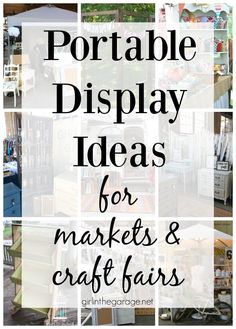 the words portable display ideas for market and craft fairs on top of pictures of furniture