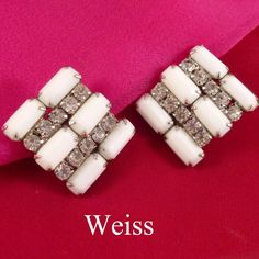 "These flashy vintage costume jewelry earrings were designed by Weiss and feature clear prong set rhinestones and white milk glass stones in a silver tone setting. Notice all the rhinestones are prong set. The earrings measure 1\" across  and are in good condition with no missing rhinestones and the clip ons work fine. They are signed WEISS on the back. If you love to wear fun earrings, these are for you! A pretty gift pouch is included. Please note I only ship within the U.S.A. Thank you!" Art Deco Brooch, Rhinestone Art, Costume Jewelry Earrings, White Milk Glass, Beaded Brooch, White Rhinestone, Gift Pouch, Rhinestone Brooches, Pretty Gift