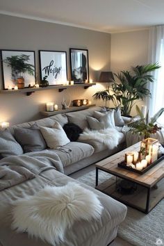 a living room filled with lots of furniture next to a large window covered in candles