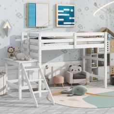 a child's bedroom with a bunk bed, desk and toy animals on the floor