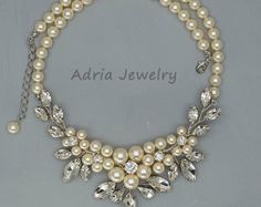 Pearls Bridal Necklace Swarovski Pearl Wedding by adriajewelry Victorian Bridal Necklace, Wedding Cuff Bracelet, Vintage Bridal Necklace, Wedding Cuff, Bridal Pearl Necklace, Pearl Necklace Wedding, Necklace Swarovski, Big Pearl, Art Deco Necklace