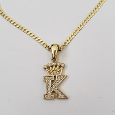 Yellow Gold Plate Sterling Silver Letter 'K' Crown Pendant Necklace Measures 18" Total Length Chain X 3mm Width; Pendant 1" Length Drop X 0.5" Width Chain Made In Italy Made In Turkey Initial Pendant Jewelry With Curb Chain For Gift, Gift Jewelry With Initial Pendant And Curb Chain, Necklace K, K Necklace, Crown Pendant Necklace, Crown Pendant, 2024 Christmas, Initial Necklace Gold, Letter K