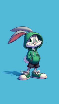 a cartoon rabbit in a green hoodie standing on the ground with his head turned to the