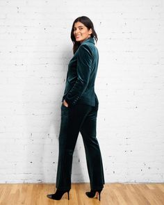 Farrah Velvet Pants - Forest Green | Universal Standard Chic Full-length Fall Suits, Chic Full Length Fall Suits, Chic Full Length Suits For Fall, Fitted Wide-leg Pantsuit For Night Out, Elegant Velvet Wide Leg Pants For Party, Fall Velvet Pants For Night Out, Velvet Pants For Night Out In Fall, Velvet Pants For Fall Night Out, Fitted Velvet Blazer For Night Out