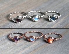 Handmade and unique wire wrapped gemstone rings. These are my own original design. <3 A - Amethyst / size 5.5 / copper B - Rainbow Moonstone / size 7 / sterling silver C - Sunstone / size 9 / copper D - Moss Kyanite / size 5.5 / sterling silver E - Garnet / size 8 / sterling silver F - Rainbow Moonstone / size 10.5 / copper * The wire is solid .925 sterling silver OR copper that has been antiqued and polished. * Purchase will include care info and a polishing pad. Follow me on Instagram @Fractal Wire Wrapped Gemstone Ring, Homemade Rings Wire, Wire Wrapped Crystal Ring For Anniversary, Wire Rings Ideas, Copper Wire Wrapped Rings As Gift, Cute Wire Rings, Copper Wire Rings, Gift Wire Wrapped Sterling Silver Crystal Ring, Sterling Silver Wire Wrapped Crystal Ring Gift