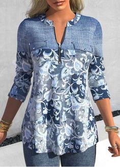 Color:Denim Blue;Size:S;Size:M;Size:L;Size:XL;Size:XXL;Package Contents:1 X Blouse;Occasion:Other;Style:Casual; White Chiffon Blouse, Plaid Shirt Women, Print Denim, Patchwork Denim, Lovely Tops, Denim Patchwork, Refashion Clothes, Printed Denim, Blue Long Sleeve