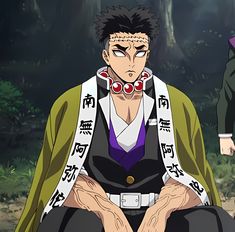 an anime character sitting on the ground with his hands in his pockets and two other characters standing behind him