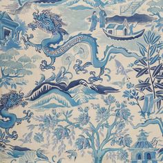 a blue and white wallpaper with dragon designs on it's side, in the style of chino