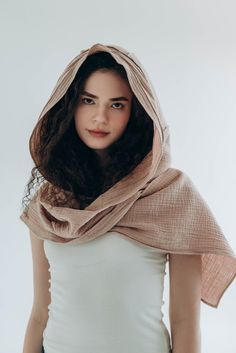 The organic cotton hood with long wide scarf is great for a head cover against the sun. It's very oversized , it let to cover up a long curly hair. A 100% cotton fabric is breatheble, lightwear, holds its shape well, but falls well. One universal size. hood depth 16.5''(42cm), height 17.3''(44cm);  the lenghth  of the scarf is 84.5''(215cm), the height of the lower part of the scarf is 10.3''(26cm). To see more of our quality top selling products (cardigans, sweaters, pants, skirt, scarf, access Morocco Clothes, Scarf With Hood, Cowl Hood, Coast Fashion, Big Scarf, Head Scarf Styles, Fabric Scarf, Hair Cover, Hooded Scarf