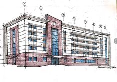 an architectural drawing of a building with blue glass windows and balconies on the side