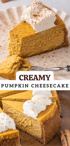 a slice of pumpkin cheesecake with whipped cream on top