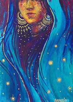 a painting of a woman's face with blue hair and jewelry on her head