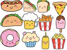 some food and drinks with faces drawn on them, including donuts, hamburgers, hotdogs, and cupcakes