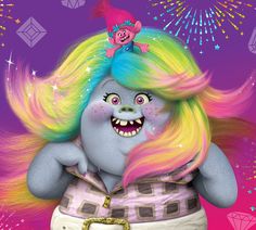 a cartoon character with brightly colored hair and an evil grin on her face, standing in front of fireworks