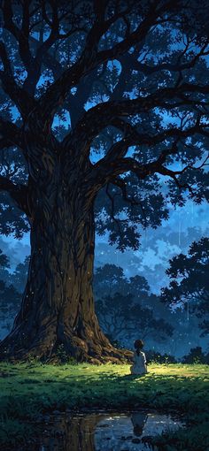 a person sitting under a large tree in the night with its reflection on the water