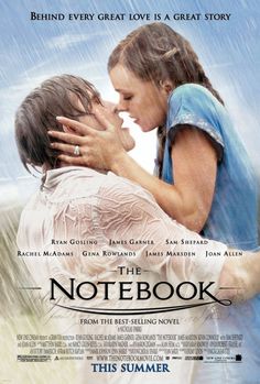 a movie poster for the notebook with two people hugging each other and rain falling down on them