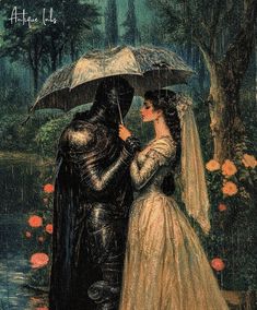 a painting of a man and woman under an umbrella