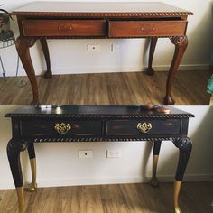 two different tables side by side with one being painted black and the other is gold