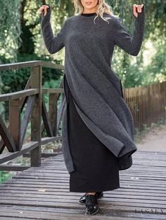 Lasaky - Chic and Comfortable Long Dress with Floral Accent and Relaxed-fit Cardigan Combination Winter Dress Ideas Casual, Dress Ideas Casual, Winter Dress Ideas, Knit Lace Dress, Jersey Vintage, Grey Midi Dress, Winter Dress, Crewneck Dress, Lace Hem