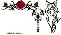 two wolf tattoos with roses on each side and an arrow in the middle, one is black