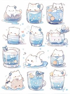 some cartoon cats are sitting in cups with water and bubbles on the bottom, one cat is