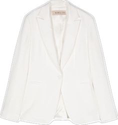 White Notched Blazer For Office, White Structured Single-button Blazer, White Notch Lapel Blazer With Concealed Placket, White Long Sleeve Blazer With Pressed Crease, White Notched Formal Outerwear, White Structured Blazer With Concealed Placket, White Structured Blazer With Hidden Button Closure, White Structured Business Outerwear, Elegant White Notched Blazer