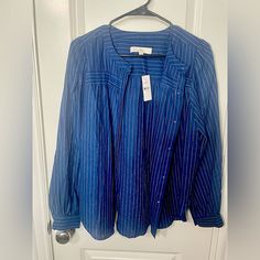 Loft Ann Taylor Blue Striped Button Front Blouse Size Small Nwt Blue Top With Back Button Closure For Spring, Blue Tops With Back Button Closure For Spring, Blue Button Closure Blouse For Fall, Blue Blouse With Button Closure For Fall, Fall Blue Blouse With Button Closure, Spring Blue Top With Back Button Closure, Spring Blue Blouse With Back Button Closure, Blue Blouse With Button Closure For Daywear, Blue Button-up Tops For Work