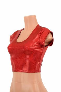 Red Metallic Lycra Spandex Bodycon Clubwear Crop Top with Cap Sleeves and Scoop Neckline 150055 Metallic Crop Top, True Red, Olive Branch, Red Outfit, Small Bust, Outfits For Teens, Cap Sleeve, Scoop Neckline, Womens Clothing Tops