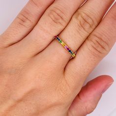 Material: 14K Gold Genuine Gemstones: Emerald, Ruby and SapphiresTotal Weight: .45 carats Stock Size: 6.5 Rainbow Band, Stackable Bands, Delicate Bracelet, Ruby, Emerald, Sapphire, Size 6, Rainbow, Band