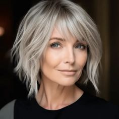 Grey Shaggy Bob, Angled Shaggy Bob, Short Blonde Haircuts With Bangs, White Hair Bob, Shaggy Bob For Fine Hair Choppy Hairstyles, Bixby Haircut, Grey Hair Bob, Sassy Bob Haircut, Bob Hairstyle Ideas