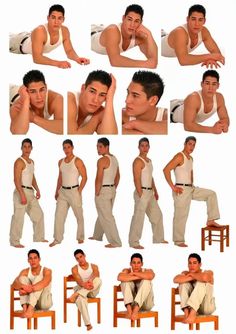 multiple images of a man in white shirt and tan pants sitting on a wooden chair